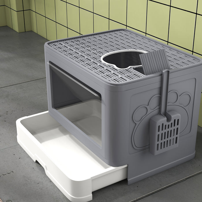 Cat Litter Box Enclosed with Lid Front Entry Top Exit, Drawer Tray, Scoop, Brush, 48.5 x 38 x 36.5cm - Grey