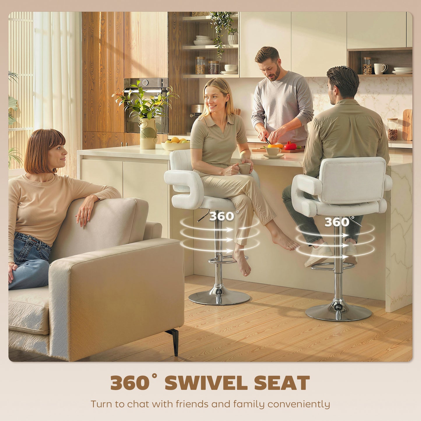Bar Stools Adjustable Swivel with Armrest Set of 2 White