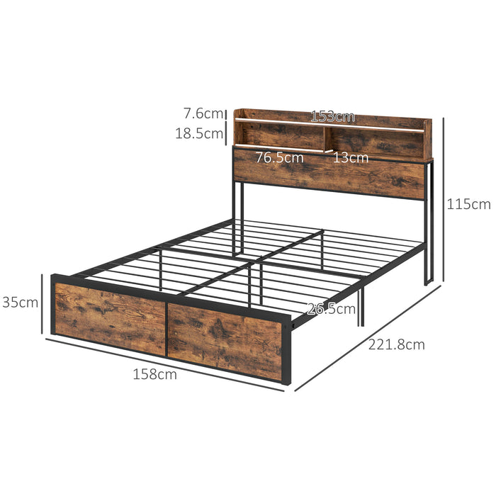 Industrial King Bed Frame, 5.2FT Steel Bed Base w/ Storage Headboard, Footboard, Under Bed Storage, 158 x 222cm, Rustic Brown