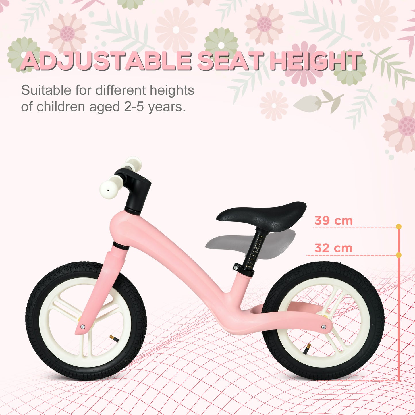 AIYAPLAY 12" Kids Balance Bike, Lightweight Training Bike for Children No Pedal with Adjustable Seat, Rubber Wheels - Pink