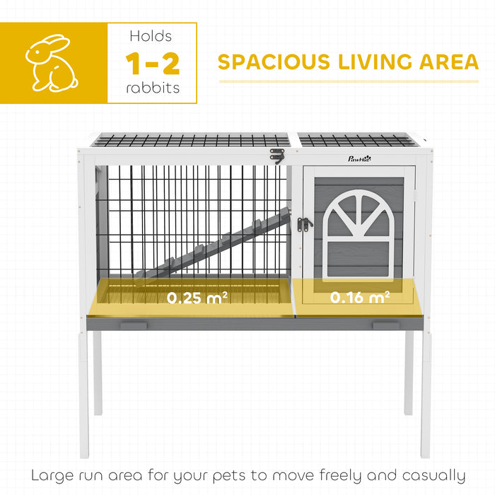 Wooden Rabbit Hutch, Elevated Guinea Pig Cage w/ Openable Roof, Ladder, Removable Tray, 90 x 53 x 87cm - Grey