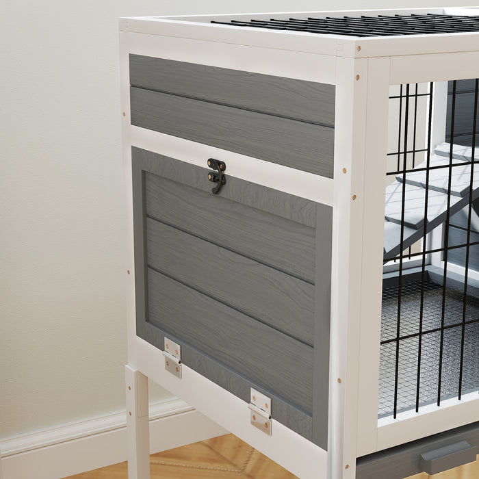 Wooden Rabbit Hutch, Elevated Guinea Pig Cage w/ Openable Roof, Ladder, Removable Tray, 90 x 53 x 87cm - Grey