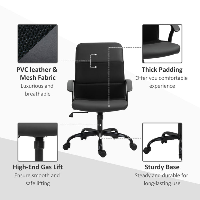 PVC Leather & Mesh Panel Blend Office Chair Swivel Seat w/ Padding Ergonomic Desk Adjustable Height Tilt 5 Wheels Stylish Black