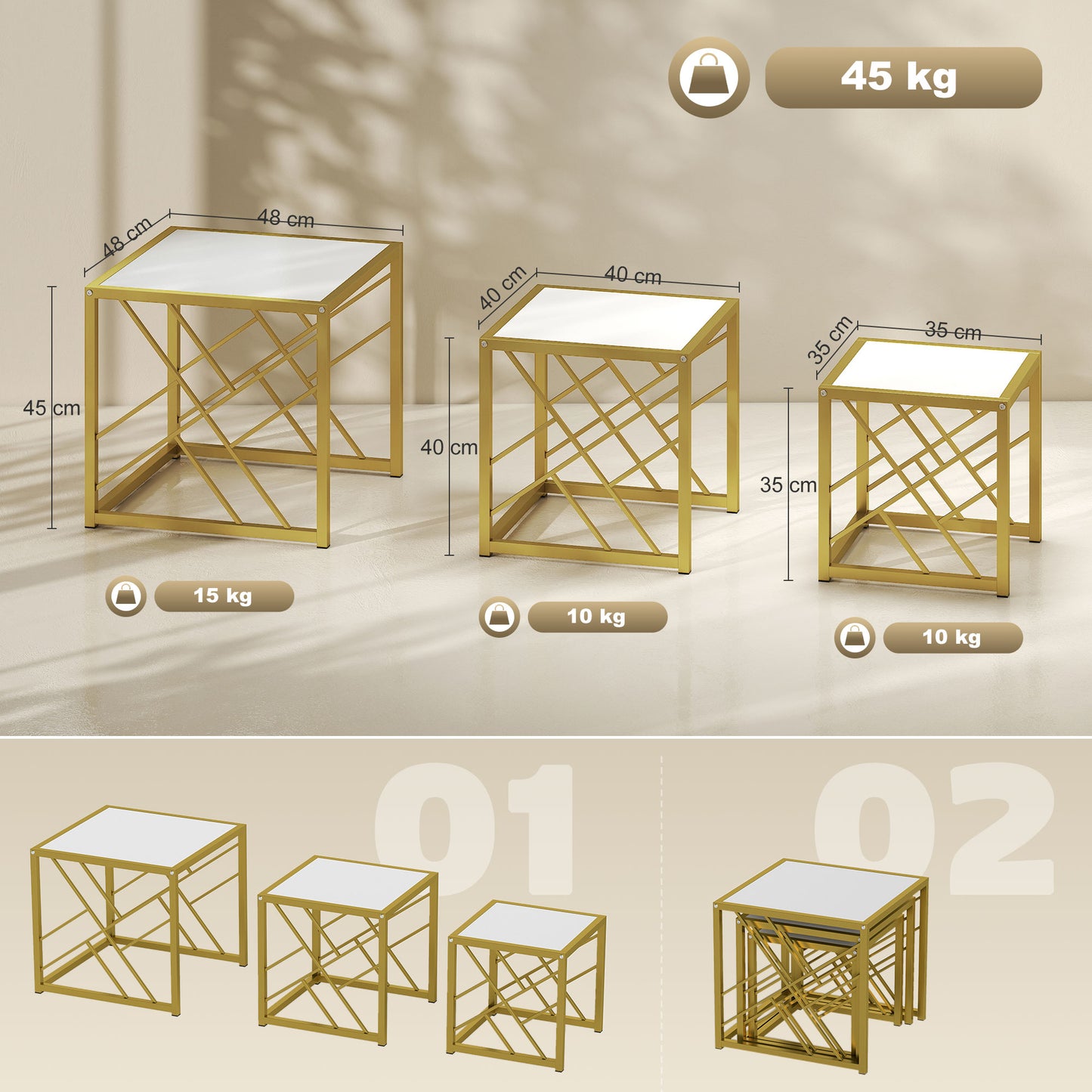 Set of 3 Nesting Coffee Tables Square End Tables w/ Metal Frame White