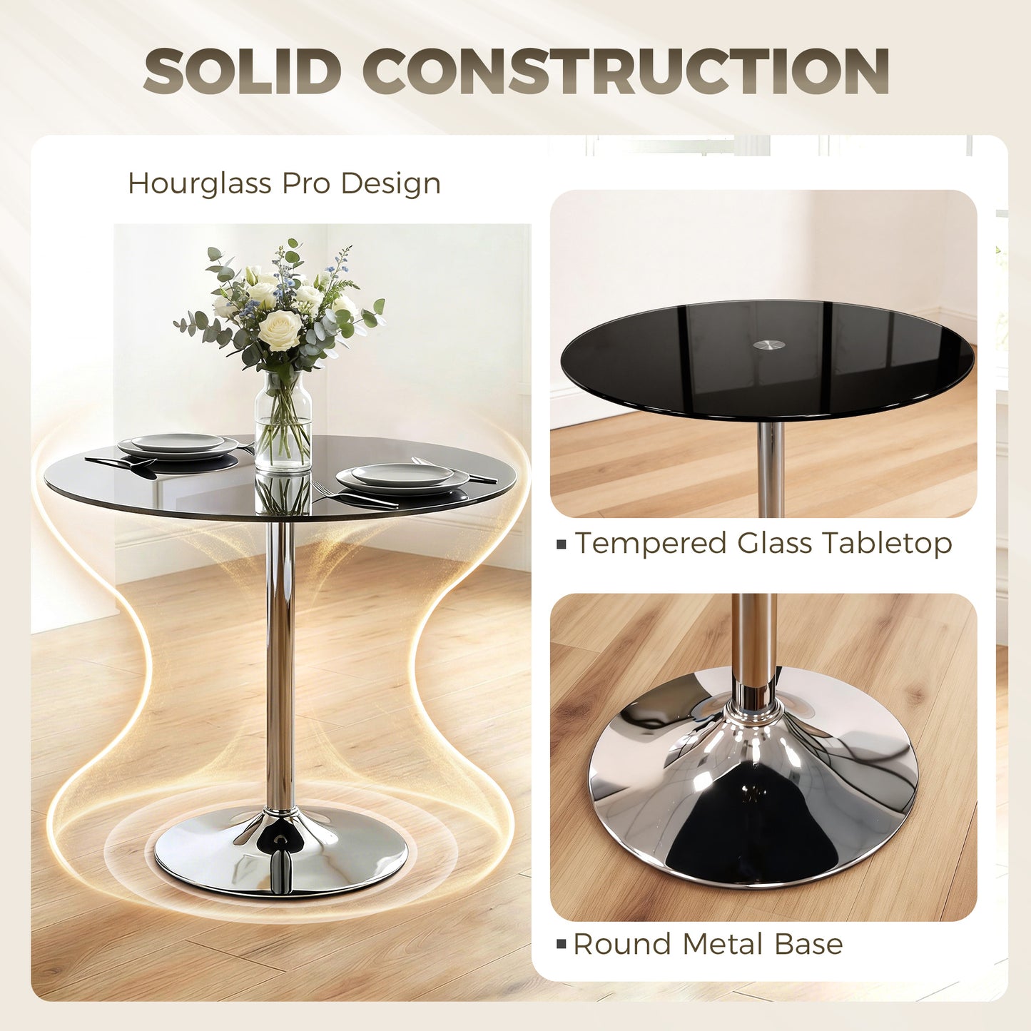 Round Bar Table, Dining Table with Tempered Glass Top and Steel Frame