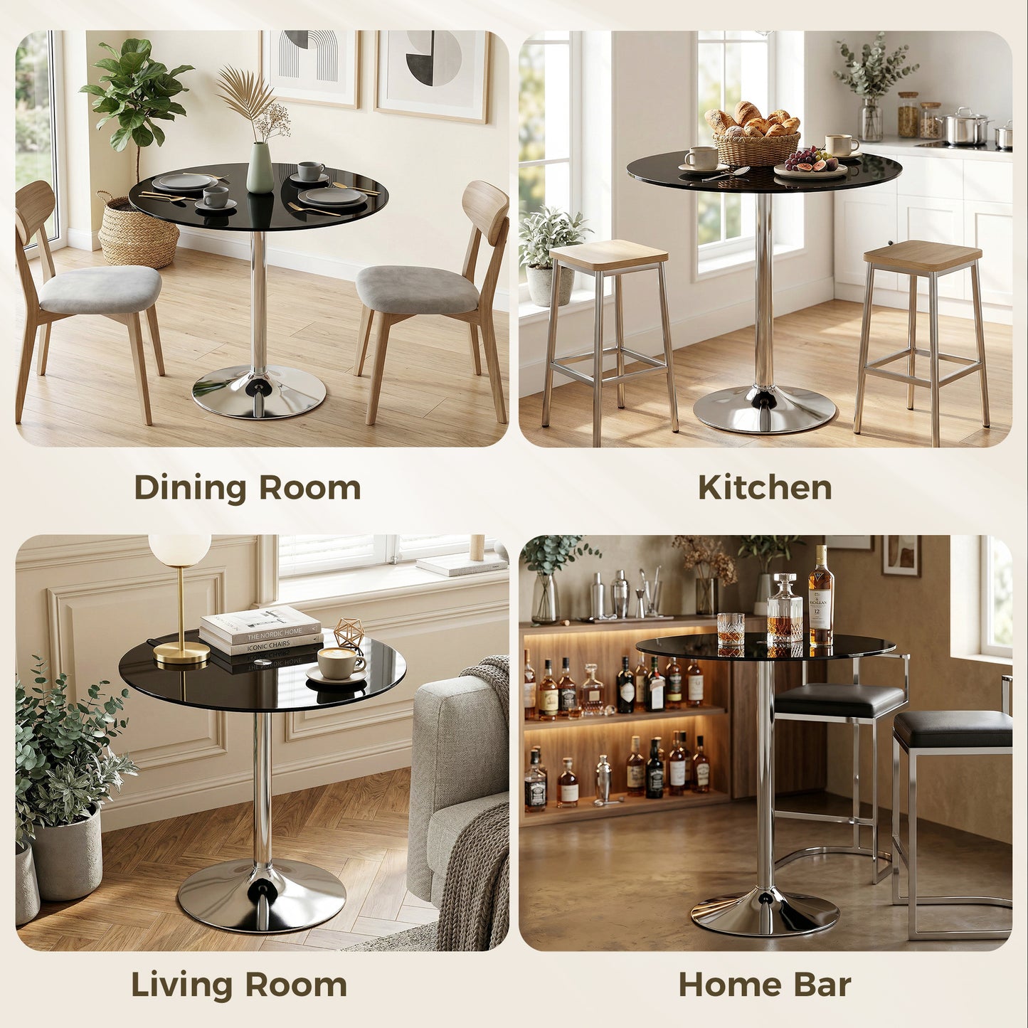 Round Bar Table, Dining Table with Tempered Glass Top and Steel Frame