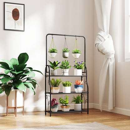 3 Tier Plant Stand w/ Hanging Hooks for Balcony Living Room, Black