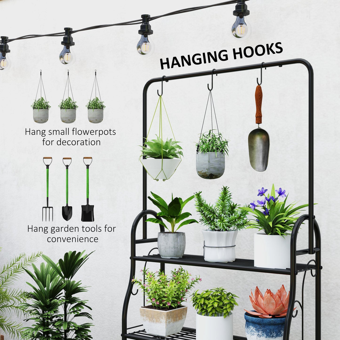 3 Tier Plant Stand w/ Hanging Hooks for Balcony Living Room, Black