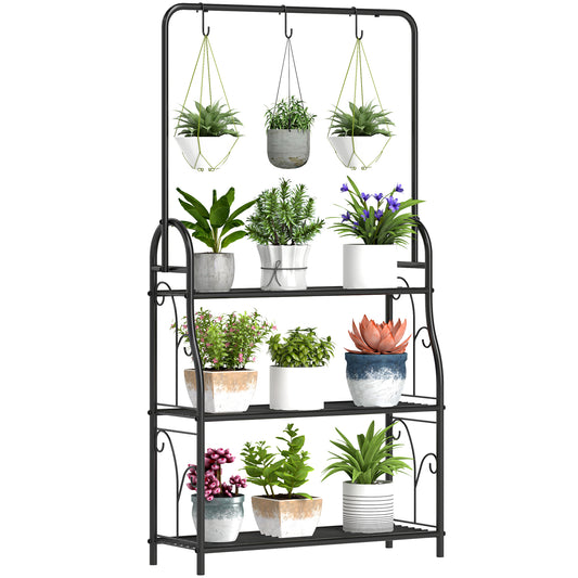 3 Tier Plant Stand w/ Hanging Hooks for Balcony Living Room, Black