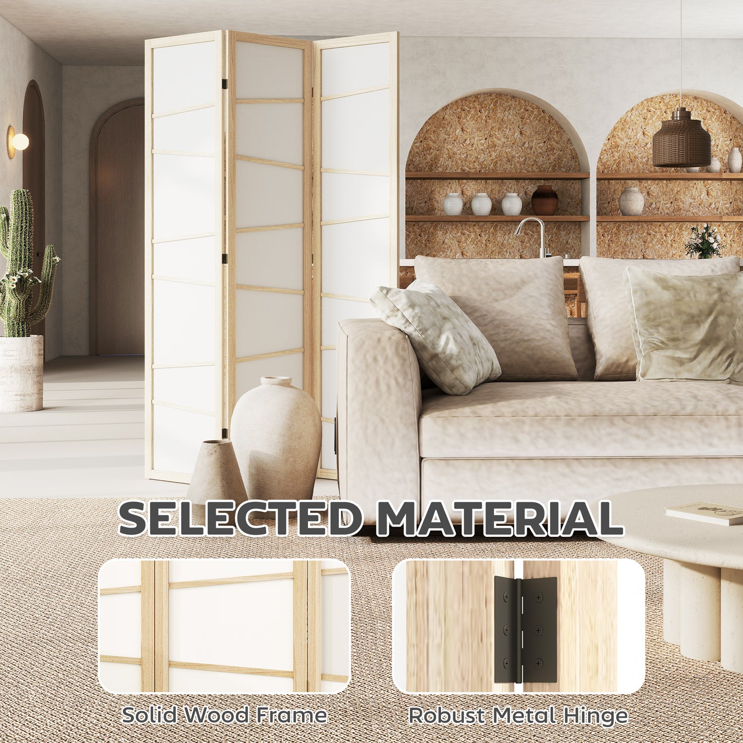 3 Panel Room Divider, Wooden Folding Privacy Screen, Freestanding Wall Partition Separator for Bedroom, Natural Wood Finish