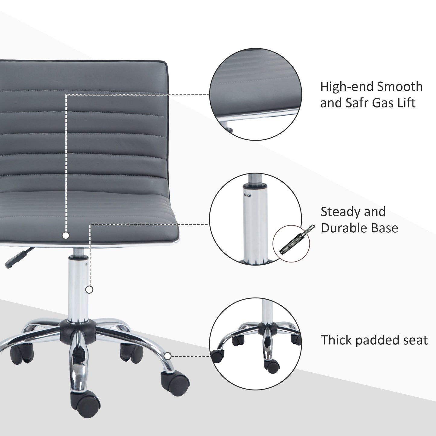 Adjustable Swivel Office Chair with Armless Mid-Back in PU Leather and Chrome Base - Grey