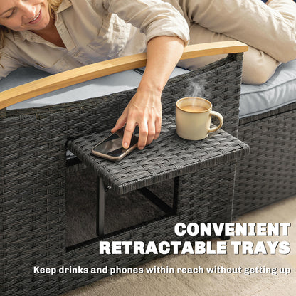 Double Rattan Sunbed Lounger with Storage & Adjustable Backrest – Dark Grey