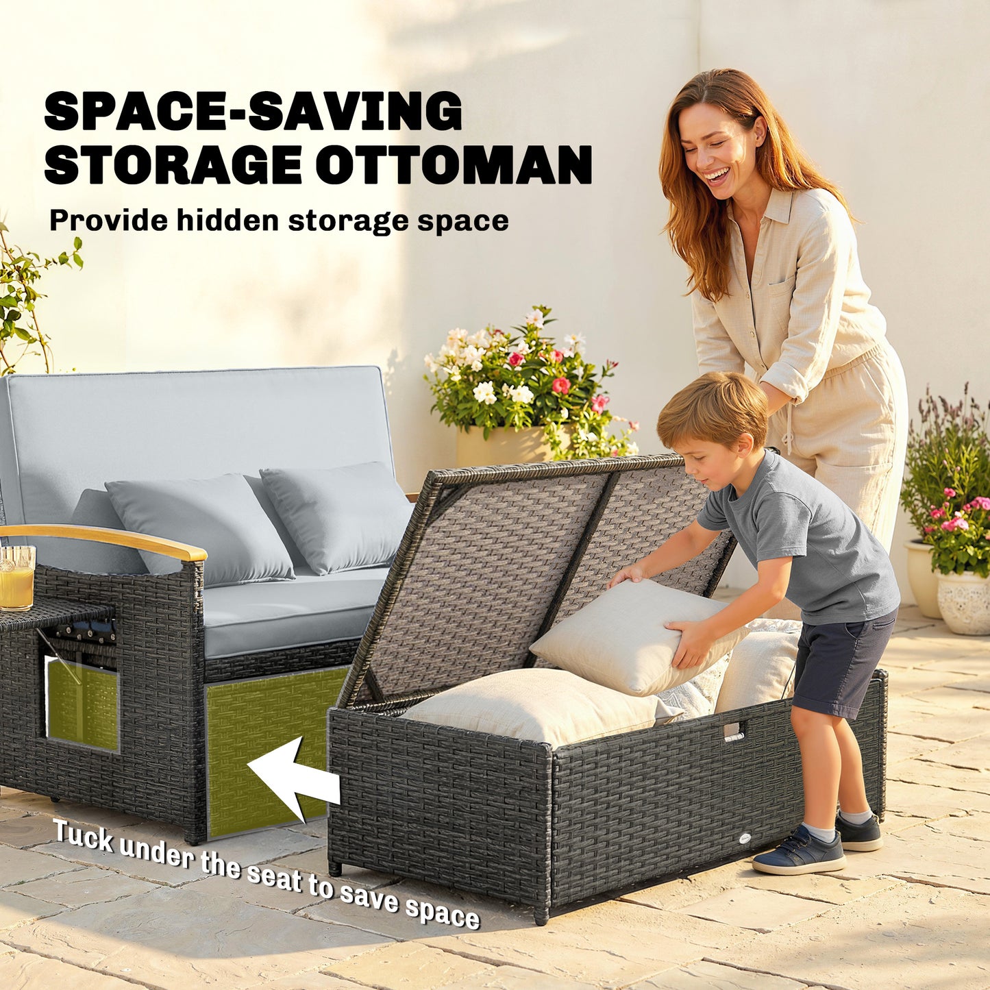 Double Rattan Sunbed Lounger with Storage & Adjustable Backrest – Dark Grey