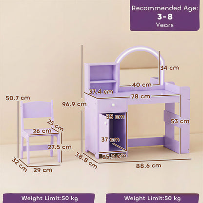 Kids Dressing Table with 2-Colour LED Mirror and Stool, Purple