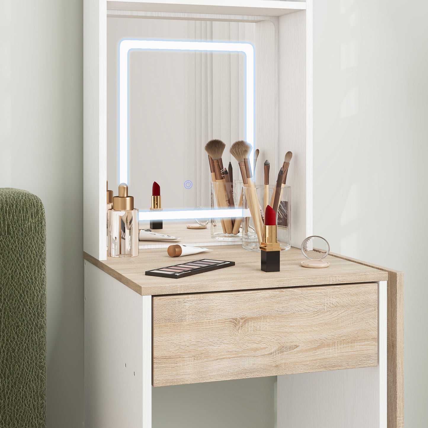 Compact Dressing Table with Lighted Mirror Open Shelves Drawer White