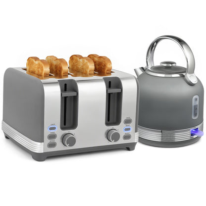1.7L 3000W Fast Boil Electric Kettle and 4 Slice Toaster Set, Grey