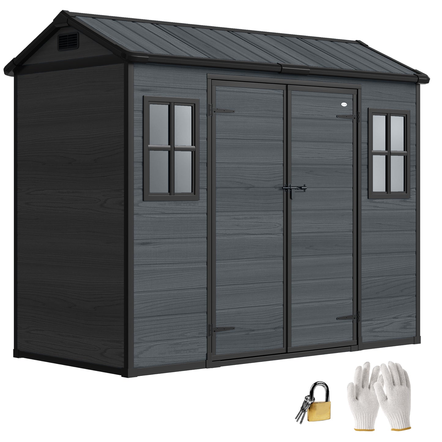 8 x 4 ft Resin Garden Shed with Floor, Lockable Doors, Dark Grey