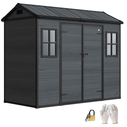 8 x 4 ft Resin Garden Shed with Floor, Lockable Doors, Dark Grey