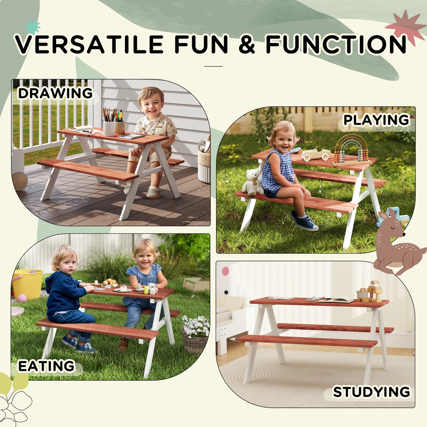 Kids Picnic Table, Wooden Table and Bench Set for 3-8 Years, Brown