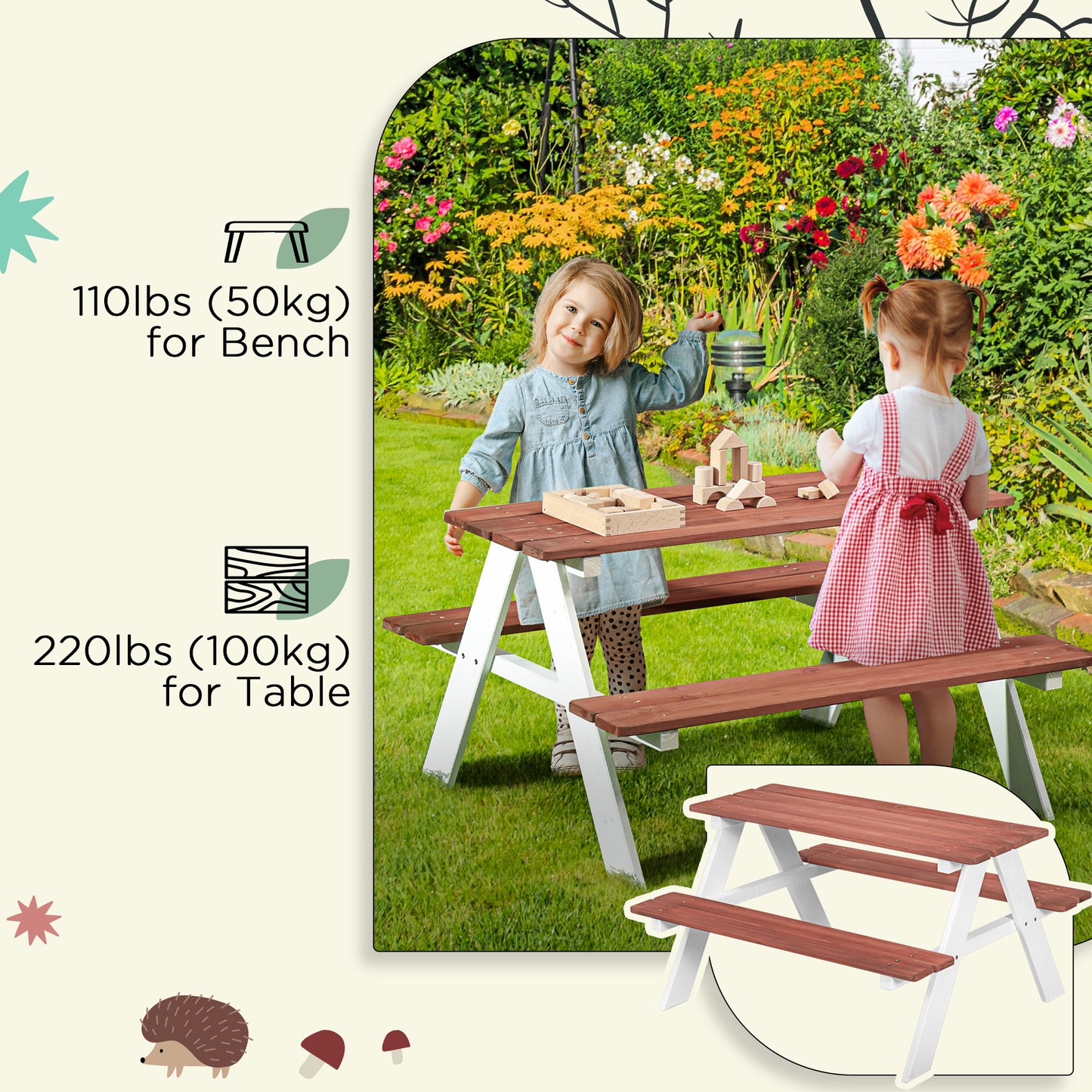 Kids Picnic Table, Wooden Table and Bench Set for 3-8 Years, Brown