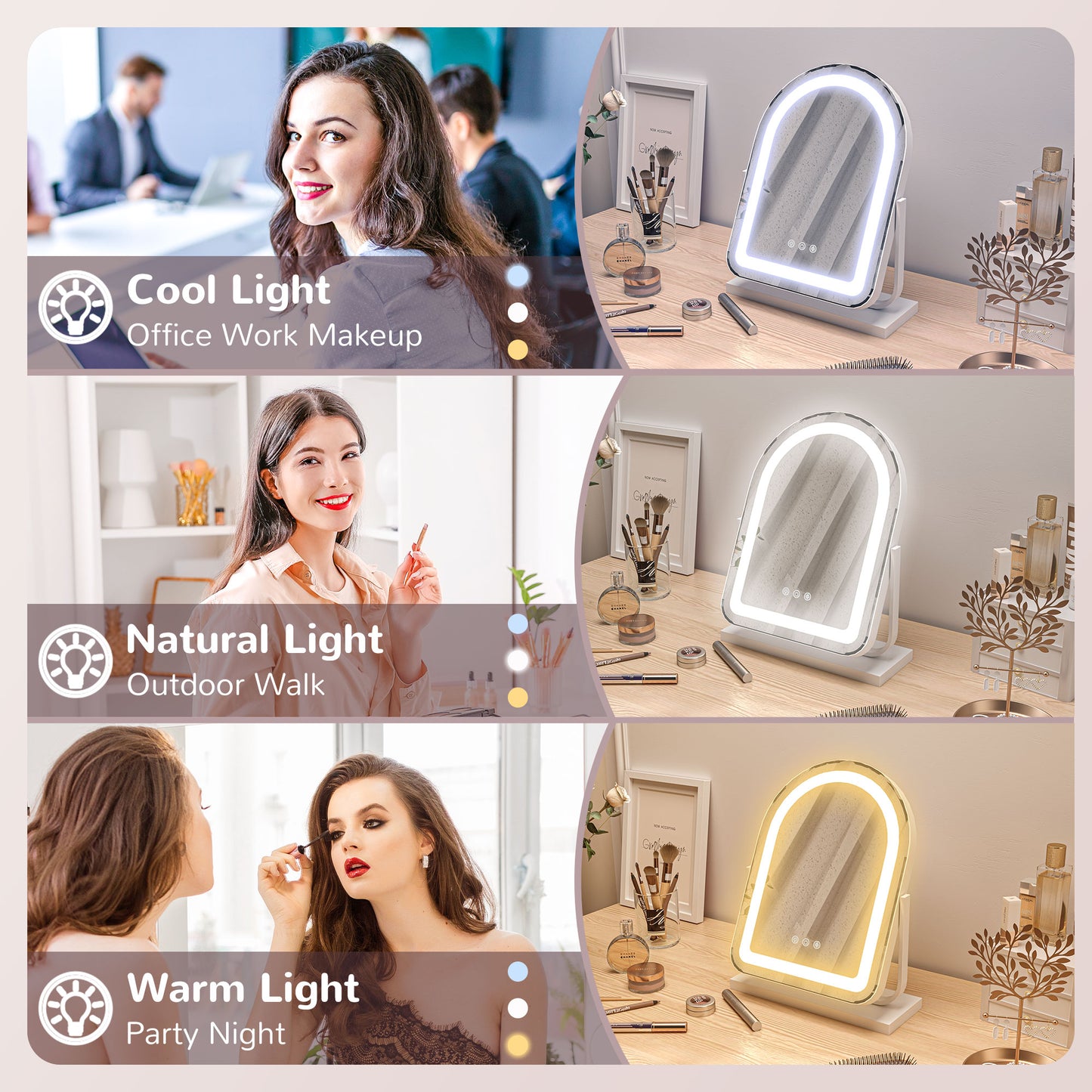 Vanity Mirror with 3 Colour Light, 360 Degree Rotation, Touch Screen