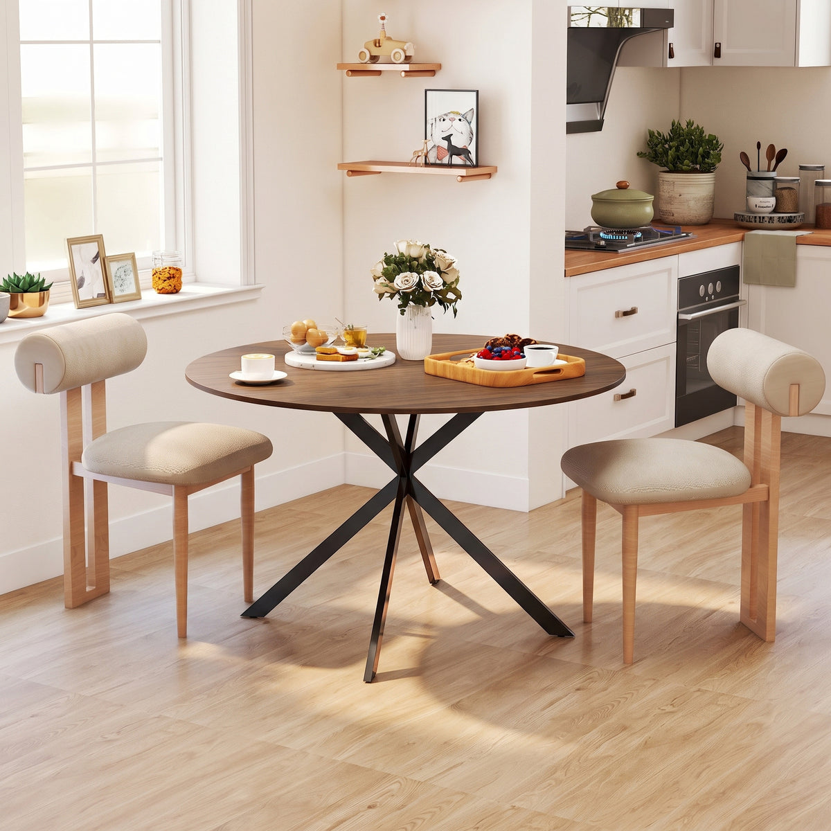 Round Wood-Effect Dining Table for 4 with Steel Cross Legs - Brown & Black