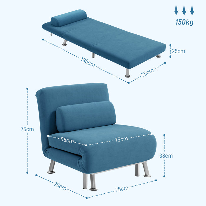 Single Sofa Bed, 1 Person Sleeper Foldable Lounge with Pillow, Blue