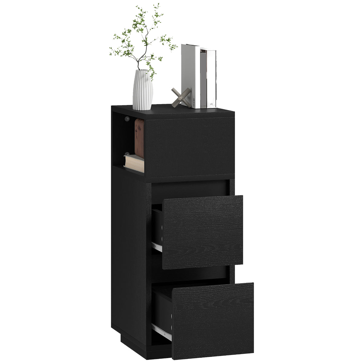 Slim Bedside Table, Bedside Cabinet with Open Shelf and 2 Drawers