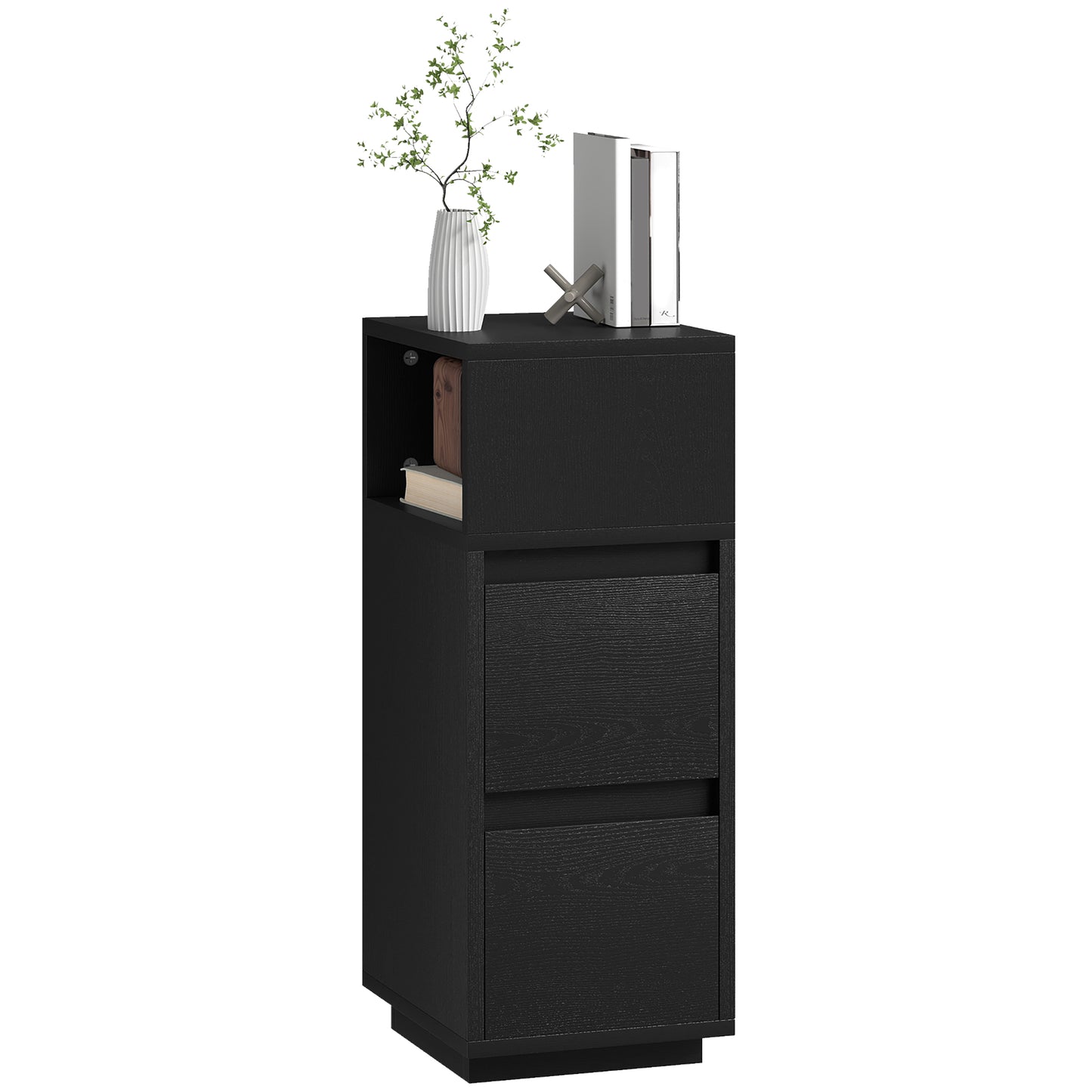 Slim Bedside Table, Bedside Cabinet with Open Shelf and 2 Drawers