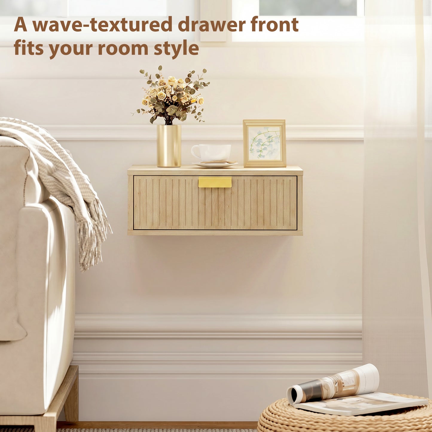 Modern Floating Nightstands Set of 2, Wall Mounted Bedside Tables with Wave Drawer for Bedroom and Living Room, 40W x 30D x 15H cm, Oak