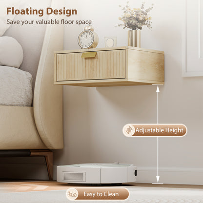 Modern Floating Nightstands Set of 2, Wall Mounted Bedside Tables with Wave Drawer for Bedroom and Living Room, 40W x 30D x 15H cm, Oak