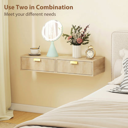 Modern Floating Nightstands Set of 2, Wall Mounted Bedside Tables with Wave Drawer for Bedroom and Living Room, 40W x 30D x 15H cm, Oak