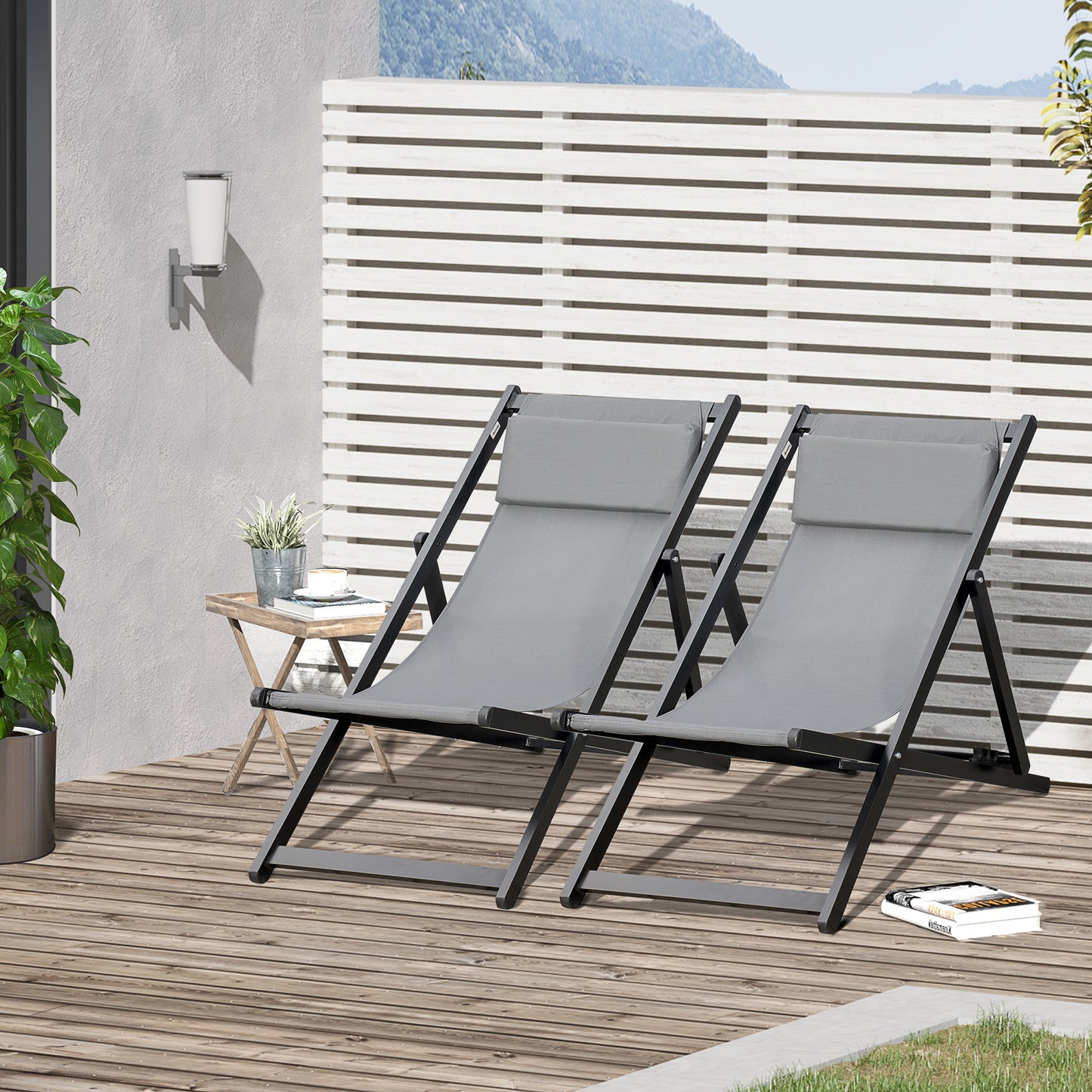 2Pcs Texteline Chaise Lounge Recliner Chair Adjust Lounger Patio Grey