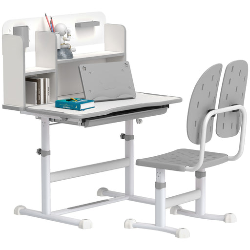 Kids Desk and Chair Set w/ Tiltable Desktop Reading Rack - Grey