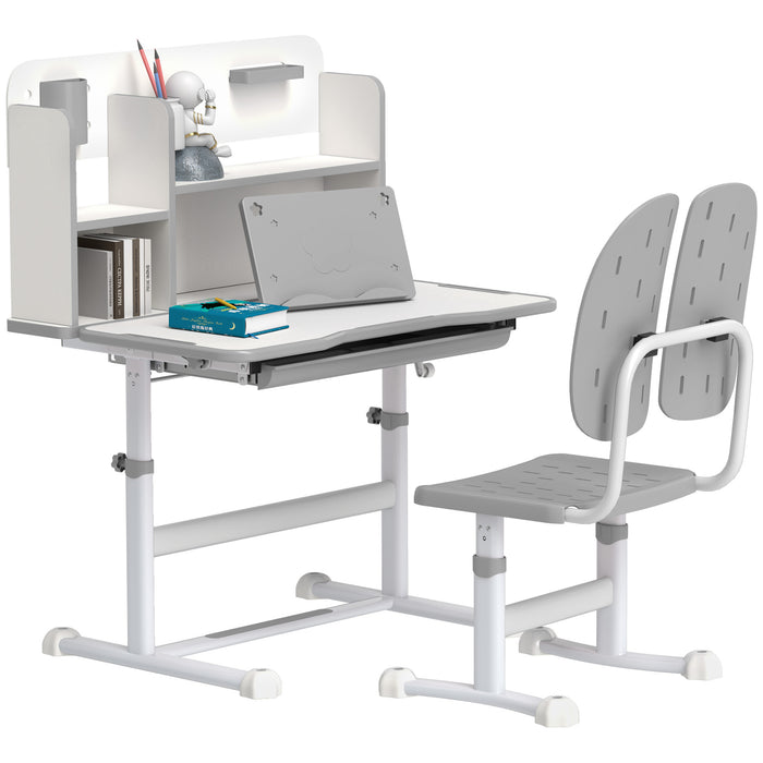 Kids Desk and Chair Set w/ Tiltable Desktop Reading Rack - Grey