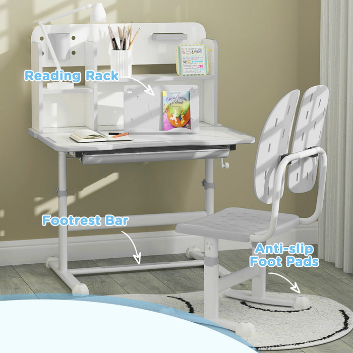 Kids Desk and Chair Set w/ Tiltable Desktop Reading Rack - Grey