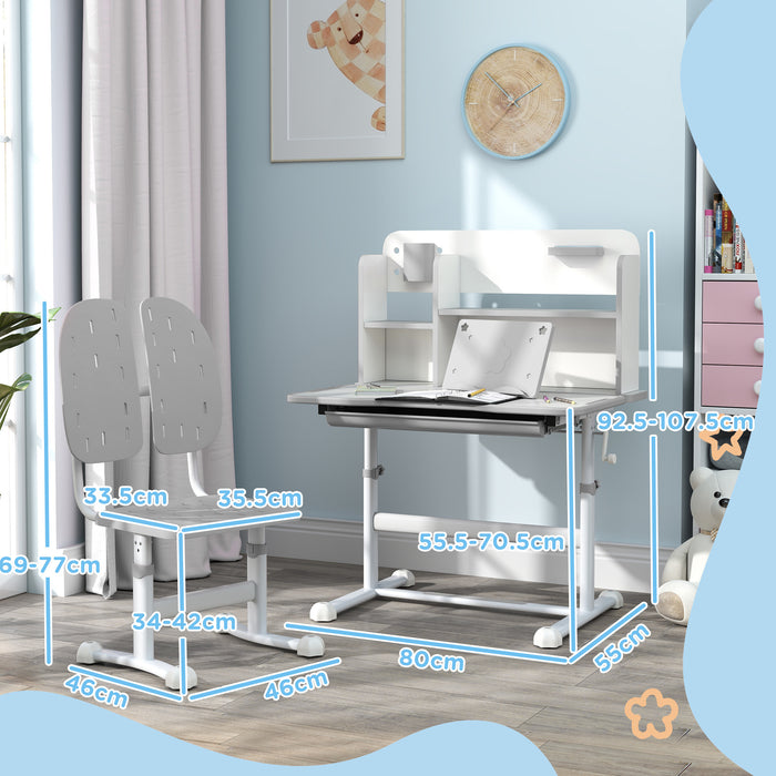 Kids Desk and Chair Set w/ Tiltable Desktop Reading Rack - Grey