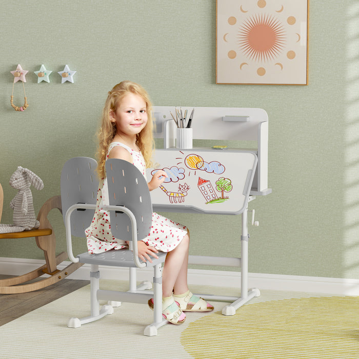 Kids Desk and Chair Set w/ Tiltable Desktop Reading Rack - Grey