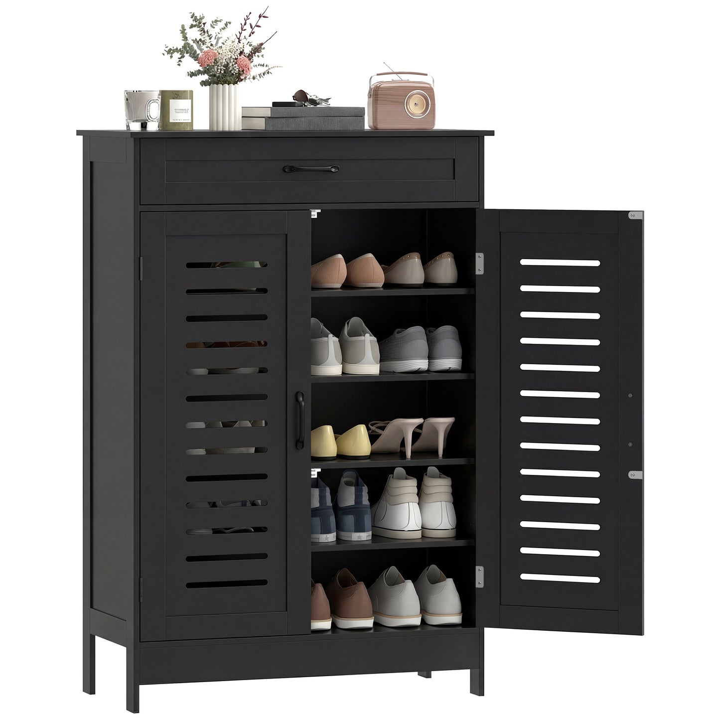 Modern Shoe Storage Cabinet with Louvered Doors and Drawer, Black