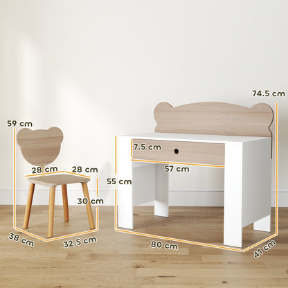 Kids' Desk and Chair Set with Storage Drawer and Bear Backrest - Natural & White
