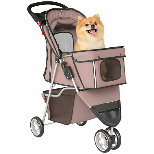 Dog Stroller, 3 Wheels Foldable Pet Stroller with Adjustable Canopy, Storage Basket, Cup Holder, Cat Dog Pram with Breathable Mesh for Small Miniature Breeds, Coffee