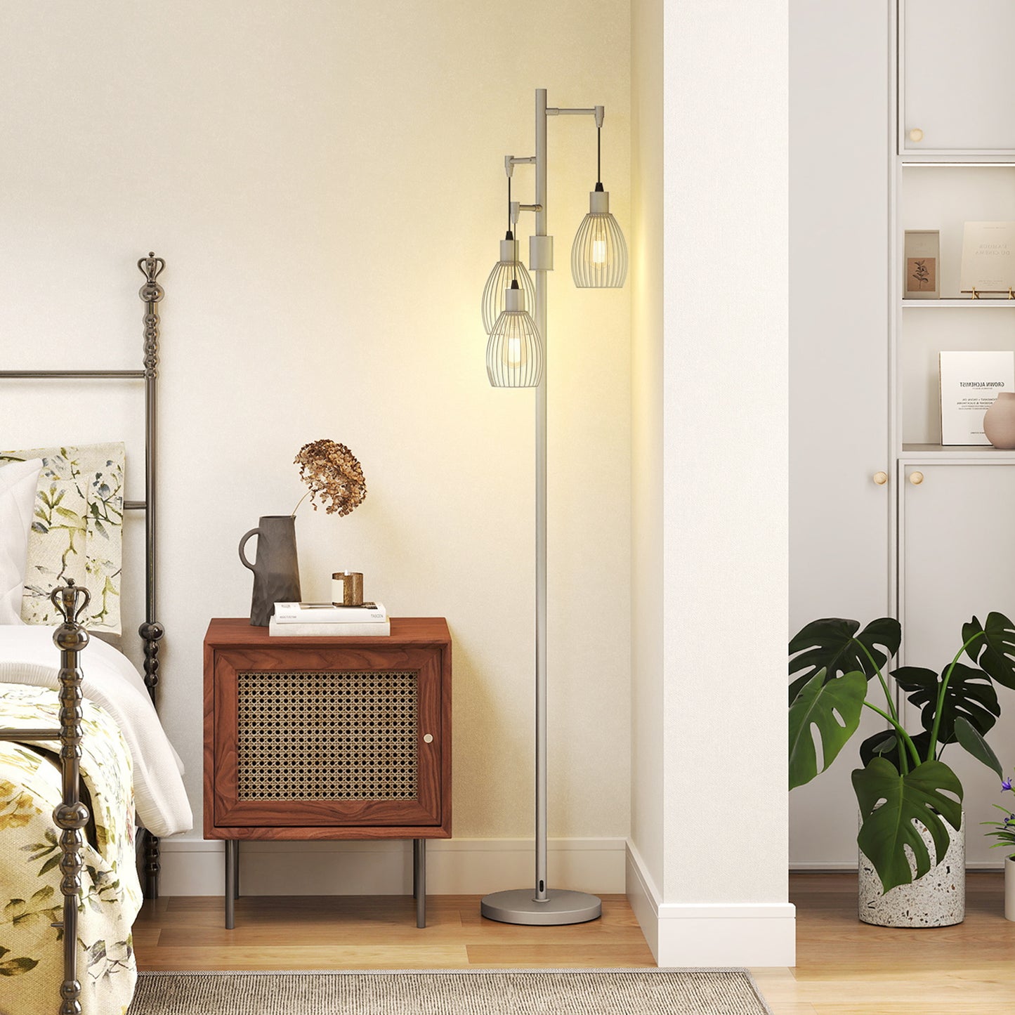 Industrial 3-Light Floor Lamp Dimmable LED Standing Lamp, Silver Tone