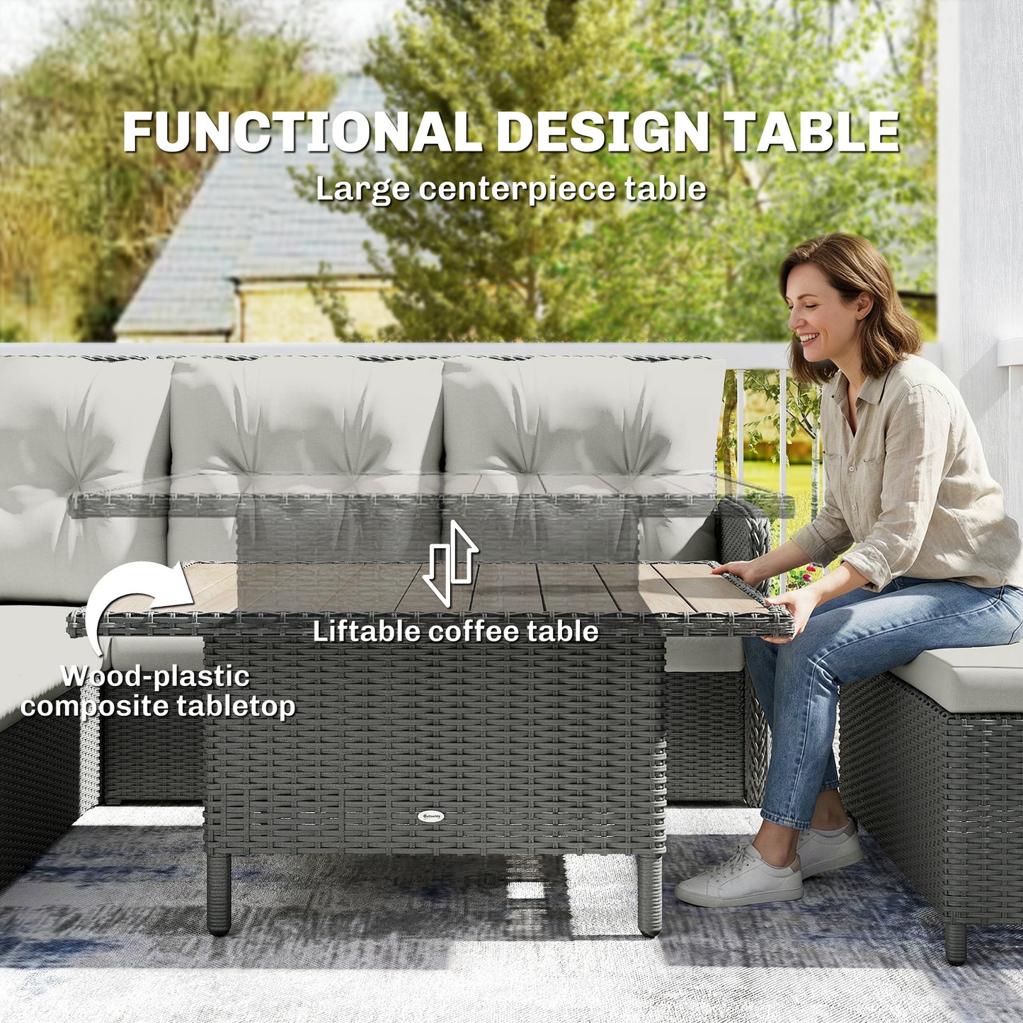 6 PCs Rattan Garden Furniture Sectional Corner Sofa, Dark Grey
