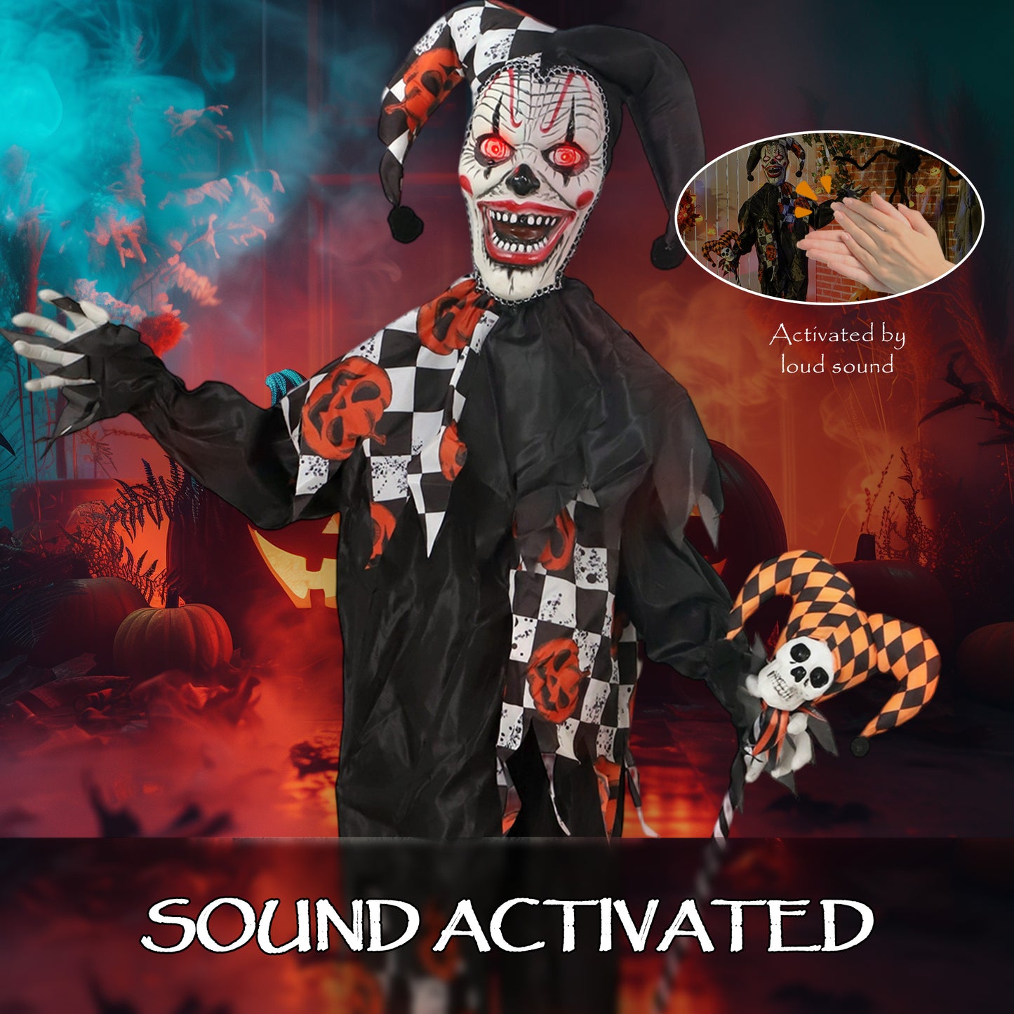 Sound Activated Halloween Animatronics Clown with Red Light Up Eyes