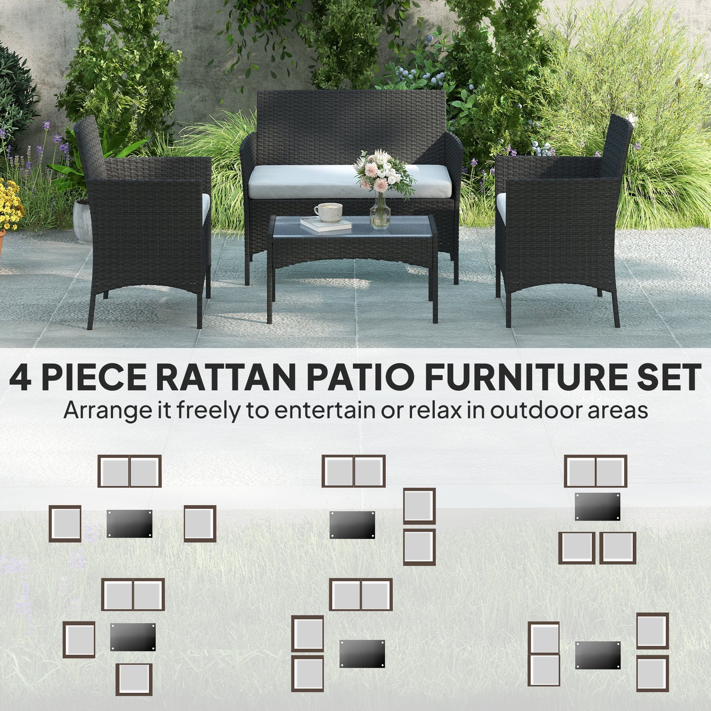4 Piece Rattan Garden Furniture Sofa Set with Cushions, Black