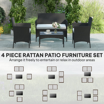 4 Piece Rattan Garden Furniture Sofa Set with Cushions, Black