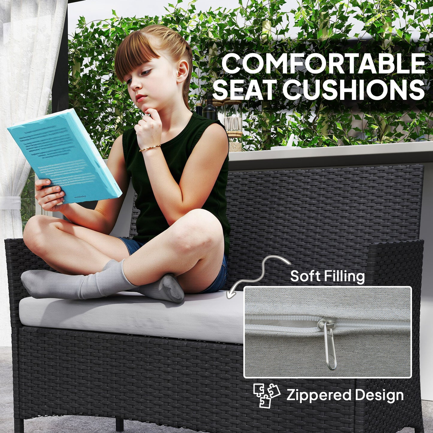 4 Piece Rattan Garden Furniture Sofa Set with Cushions, Black