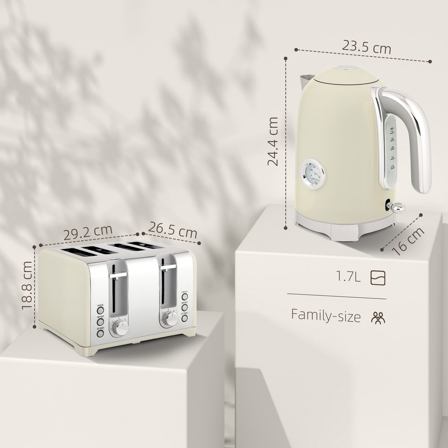 3000W 1.7L Kettle with Retro Thermometer, 4 Slice Toaster Set, Grey