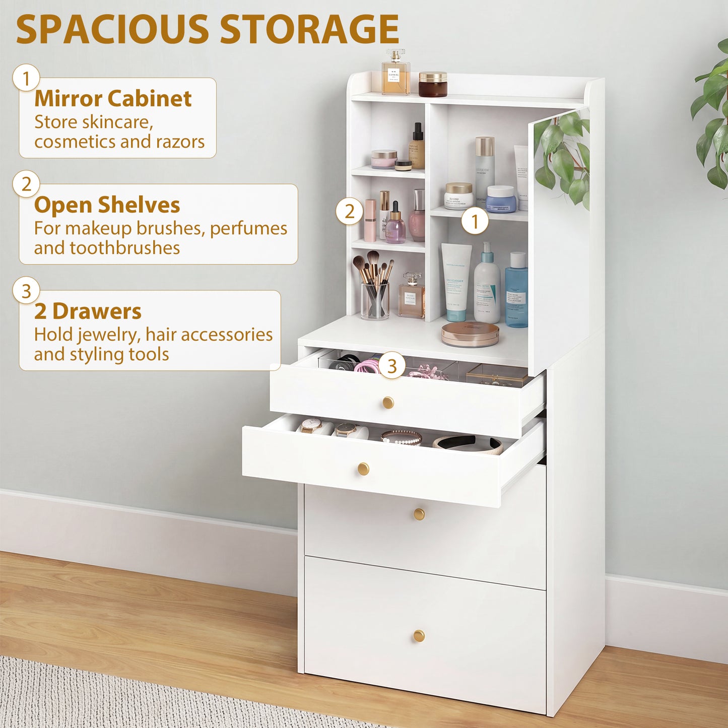 Dressing Table with Mirror and Mobile Storage Stool, Compact Vanity Table with Cabinet, Drawers, Open Shelves, Cushioned Seat, Modern Makeup Vanity Desk for Bedroom, White