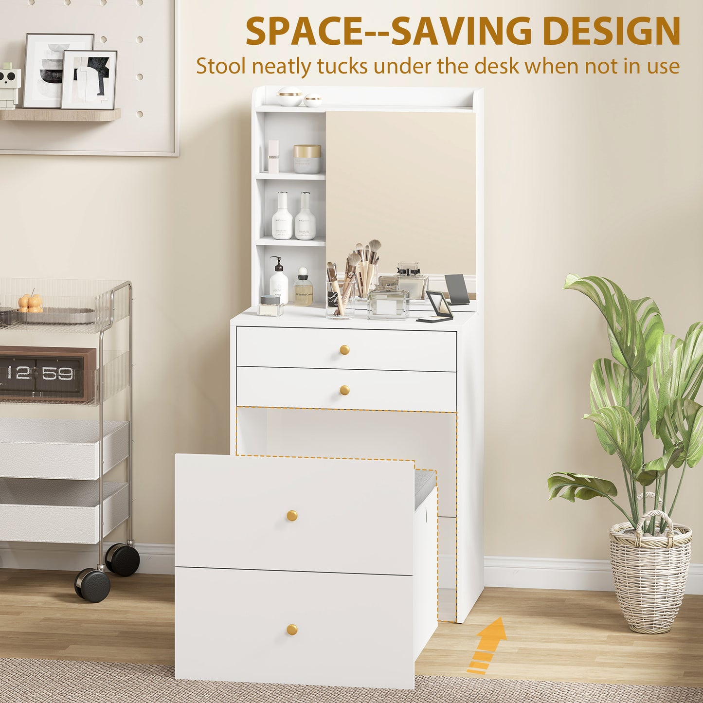Dressing Table with Mirror and Mobile Storage Stool, Compact Vanity Table with Cabinet, Drawers, Open Shelves, Cushioned Seat, Modern Makeup Vanity Desk for Bedroom, White